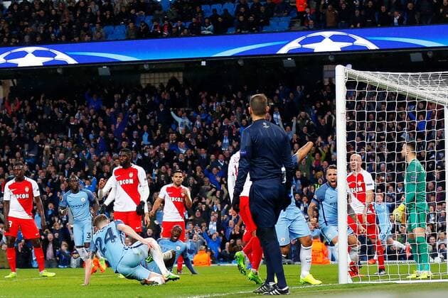 February 21st 2017, Etihad Stadium, Manchester, Lancashire, England; UEFA Champions League 1st Leg round of 16, Manchester City versus AS Monaco; John Stones of Manchester City scores his teams fourth goal for 4-3 xPaulxKeevilx  ActionPlus11849098