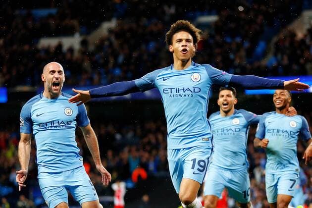 Bilder des Tages - SPORT February 21st 2017, Etihad Stadium, Manchester, Lancashire, England; UEFA Champions League 1st Leg round of 16, Manchester City versus AS Monaco; Leroy Sane of Manchester City celebrates scoring his teams fifth goal (5-3) in the 82nd minute xPaulxKeevilx  ActionPlus11849100