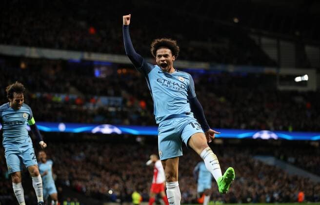 Bilder des Tages - SPORT Leroy Sane of Manchester City celebrates during the Champions League Round of 16 match at Etihad Stadium, Manchester. Picture date: February 21st 2017. Pic credit should read: Lynne Cameron Sportimage EDITORIAL USE ONLY. No use with unauthorised audio, video, data, fixture lists, club league logos or live services. Online in-match use limited to 120 images, no video emulation. No use in betting, games or single club league player publications.