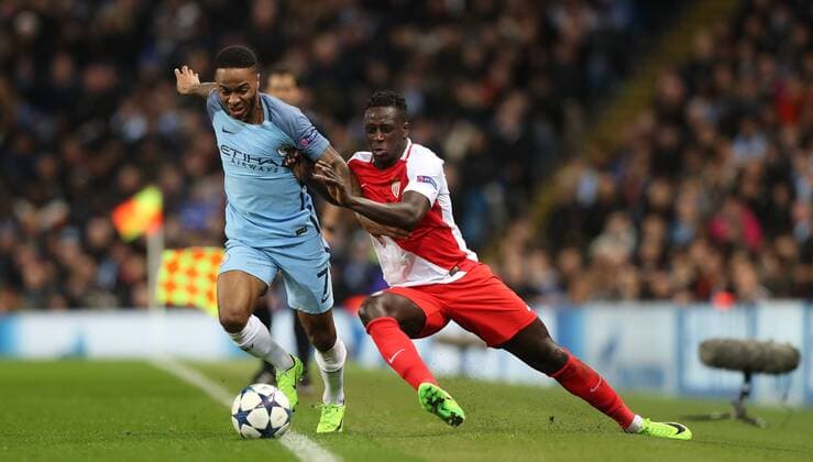 Raheem Sterling of Manchester City and Tiemoue Bakayoko of Monaco during the Champions League Round of 16 match at Etihad Stadium, Manchester. Picture date: February 21st 2017. Pic credit should read: Lynne Cameron Sportimage EDITORIAL USE ONLY. No use with unauthorised audio, video, data, fixture lists, club league logos or live services. Online in-match use limited to 120 images, no video emulation. No use in betting, games or single club league player publications.