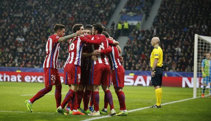 1 8 first leg match of the Champions League match between Bayer Leverkusen and Atletico. In this picture, Atletico players celebrate after scoring. xPabloxGarciax 