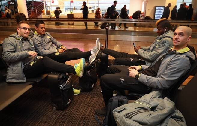 Anderlecht s Diego Capel, Anderlecht s Andy Najar, Anderlecht s Idrissa Doumbia and Anderlecht s goalkeeper Ruben Martinez pictured during the departure of Belgian soccer team RSC Anderlecht in Zaventem airport, Wednesday 22 February 2017, in Brussels. Tomorrow Anderlecht is playing 1 16 finales return leg game of the Europa League competition against Russian team FC Zenit. Anderlecht won 2-0 the first leg. VIRGINIExLEFOUR  x05051819x