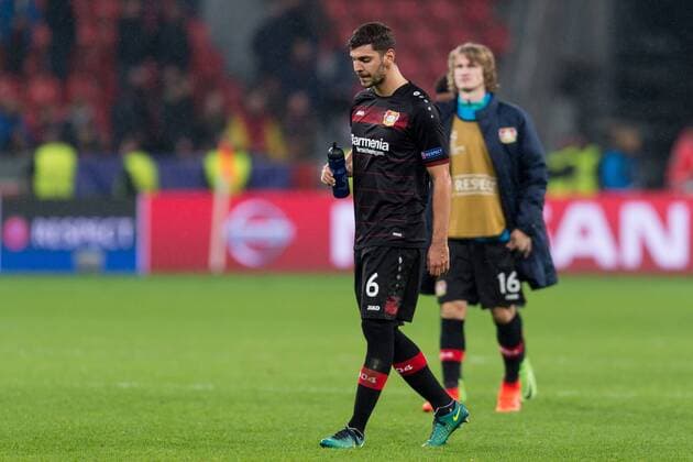 Leverkusen, Germany 21.02.2017, UEFA Champions League - 2016 17 Season, Bayer 04 Leverkusen - Club Atletico de Madrid, Aleksandar Dragovic (B04) nach der niederlage ( DeFodi001