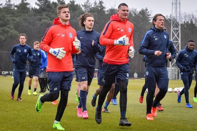 Genk s goalkeeper Nordin Jackers, Genk s Rubin Seigers, Genk s goalkeeper Gaetan Coucke and Genk s Sander Berge pictured during a training session of Belgian soccer team RC Genk, Wednesday 22 February 2017, in Genk. Tomorrow Genk is playing 1 16 finales return leg game of the Europa League competition against Romanian Club Astra Giurgiu. First leg result was 2-2. LUCxCLAESSEN  x05051932x