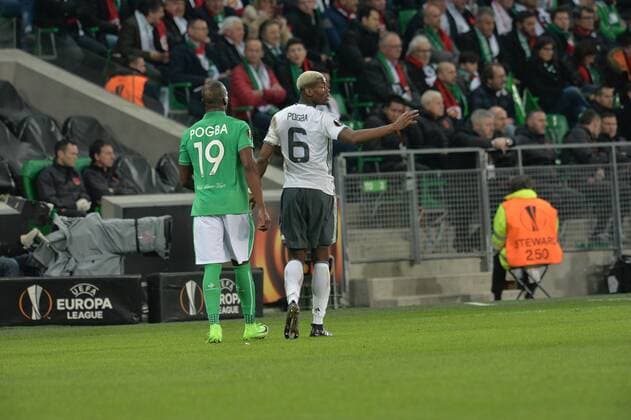 Fußball, EL, AS St. Etienne - Manchester United, Pogba-Brüder Florentin Pogba (saint etienne) vs Paul Pogba Manchester United ManU FOOTBALL : AS Saint Etienne vs Manchester United - Europa League - 1 16e de finale - 22 02 2017 FredericChambert Panoramic 