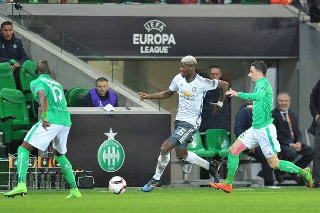 06 PAUL POGBA (man) - 05 Vincent Pajot (asse) FOOTBALL : AS Saint Etienne vs Manchester United ManU - Europa League - 22 02 2017 FEP Panoramic 