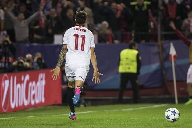 February 22, 2017 - Seville, Spain - Joaquin Correa of Sevilla celebrates after scoring 2-0 during the UEFA Champions League Round of 16 (first leg) soccer match between Sevilla FC and Leicester at Estadio Ramon Sanchez Pizjuan Soccer 2017 - Sevilla FC vs Leicester - ZUMAa142 20170222_zap_a142_031 Copyright: xDanielxGonzalezxAcunax