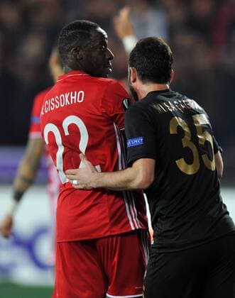 Osmanlispor s Musa Cagiran and Olympiakos s Aly Cissokho during the UEFA European League football match, between Osmanlispor and Olympiakos at Osmanli Stadyumu in Ankara, February 23, 2017. (  Copyright: HikmetxSaatci 15634894