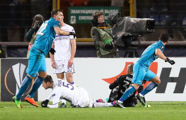 Zenit s midfielder s Giuliano scoring the 1-0 goal and during a game between Russian team FC Zenit and Belgian soccer team RSC Anderlecht, return leg of the 1 16 finals of the Europa League competition, Thursday 23 February 2017, in Saint Petersburg, Russia. Anderlecht won 2-0 the first leg. VIRGINIExLEFOUR  x05053344x