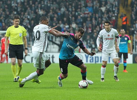 UEFA Europa League match between Besiktas and Hapoel Beer Sheva at Vodafone Arena in Istanbul , Turkey on February 23, 2017. Pictured: Marcelo (L) of Besiktas and Mohammad Ghadir of Hapoel Beer Sheva. 