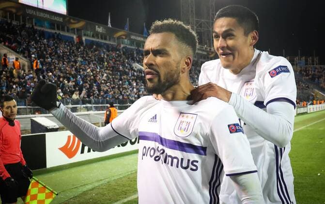 Anderlecht s Isaac Kiese Thelin celebrates after scoring during a game between Russian team FC Zenit and Belgian soccer team RSC Anderlecht, return leg of the 1 16 finals of the Europa League competition, Thursday 23 February 2017, in Saint Petersburg, Russia. Anderlecht won 2-0 the first leg. VIRGINIExLEFOUR  x05053394x