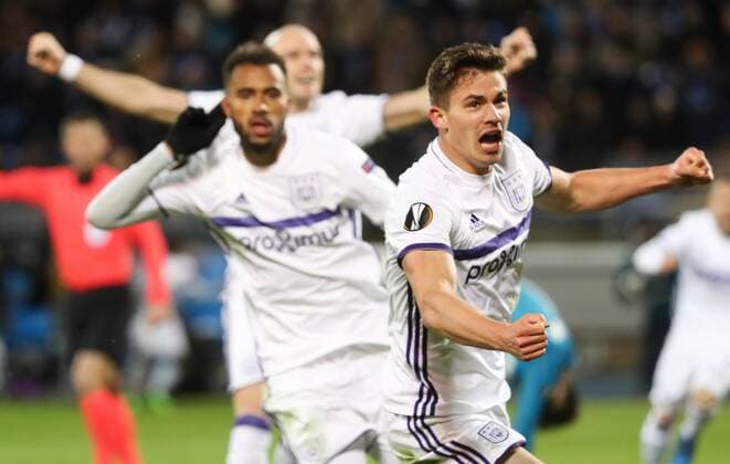 Anderlecht s Isaac Kiese Thelin celebrates after scoring during a game between Russian team FC Zenit and Belgian soccer team RSC Anderlecht, return leg of the 1 16 finals of the Europa League competition, Thursday 23 February 2017, in Saint Petersburg, Russia. Anderlecht won 2-0 the first leg. VIRGINIExLEFOUR  x05053418x