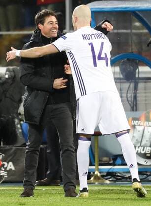 Anderlecht s head coach Rene Weiler and Anderlecht s Bram Nuytinck celebrate after winning a game between Russian team FC Zenit and Belgian soccer team RSC Anderlecht, return leg of the 1 16 finals of the Europa League competition, Thursday 23 February 2017, in Saint Petersburg, Russia. Anderlecht won 2-0 the first leg. VIRGINIExLEFOUR  x05053445x