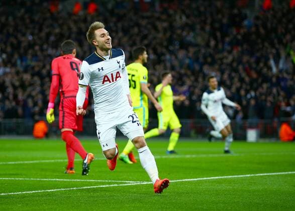 February 23rd 2017, Wembley Stadium, London, England; UEFA Europa League football, 2nd leg, Tottenham Hotspur versus KAA Gent; Christian Eriksen of Tottenham celebrates after he slots his shot past Gent Goalkeeper Lovre Kalinic to make it 1-0 Tottenham xMarkxKertonx  ActionPlus11849483