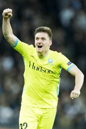 Gent s Thomas Foket celebrates after the 1-1 goal during a game between British team Tottenham and Belgian soccer team KAA Gent, return leg of the 1 16 finals of the Europa League competition, in Wembley stadium, London, Thursday 23 February 2017. Gent won the first leg 1-0. JASPERxJACOBS  x05053488x