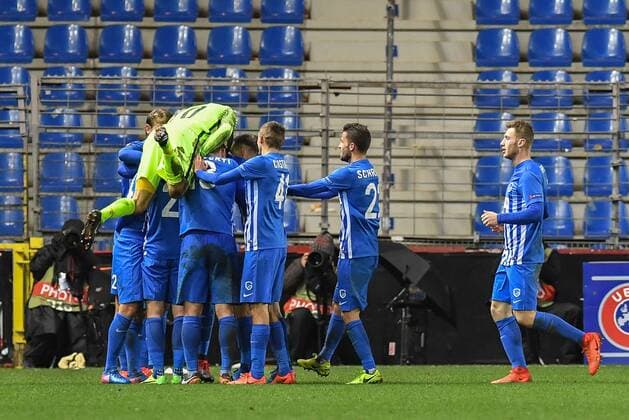 Genk s players celebrate after scoring during a game between Belgian soccer team RC Genk and Romanian Club Astra Giurgiu, return leg of the 1 16 finals of the Europa League competition Thursday 23 February 2017, in Genk. First leg result was 2-2. LUCxCLAESSEN  x05053580x