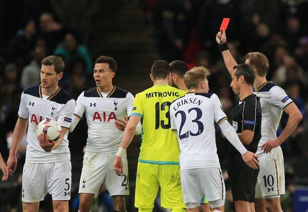 Dele Alli of Tottenham Hotspur is shown a red card during the UEFA Europa League Round of 32, Game 2 match between Tottenham Hotspur and KAA Gent played at Wembley , London on 23rd February 2017  mze_Tottenham_v_Gent_006
