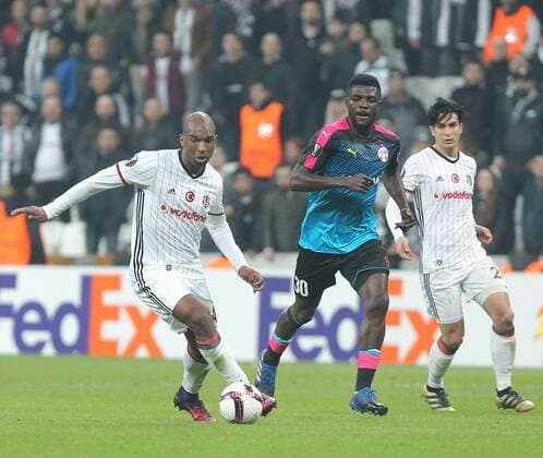 UEFA Europa League match between Besiktas and Hapoel Beer Sheva at Vodafone Arena in Istanbul , Turkey on February 23, 2017. Final Score : Besiktas 2 - Hapoel Beer Sheva 1 Pictured: Ryan Babel (L) of Besiktas and John Ogu (R) of Hapoel Beer Sheva. 