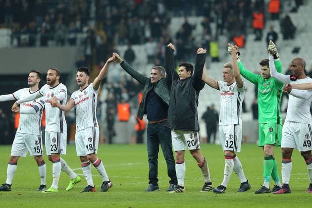 UEFA Europa League match between Besiktas and Hapoel Beer Sheva at Vodafone Arena in Istanbul , Turkey on February 23, 2017. Final Score : Besiktas 2 - Hapoel Beer Sheva 1 Pictured: Besiktas team players and Coach Senol Gunes celebrates after the match. 