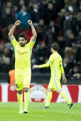 Gent s Kenneth Saief celebrate during a game between British team Tottenham and Belgian soccer team KAA Gent, return leg of the 1 16 finals of the Europa League competition, in Wembley stadium, London, Thursday 23 February 2017. Gent won the first leg 1-0. JASPERxJACOBS  x05053607x
