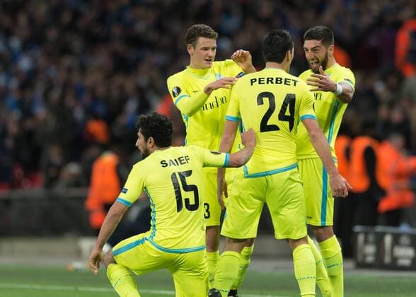 JŽrŽmy Perbet of KAA Gent celebrates scoring during the UEFA Europa League Round of 32 Game 2 match between Tottenham Hotspur and Gent at Wembley Stadium, London, England on 23 February 2017. Copyright: xVincexxMignottx 14290032