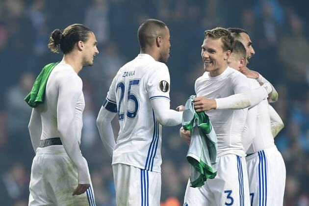 Erik Johansson, Mathias Jörgensen, Ludwig Augustinsson - Kopenhagen, Dänemark - Fussball, Europa League, FC Kopenhagen vs. PFC Ludogorets Razgrad.  Copyright: PETTERxARVIDSON BB170223PA064