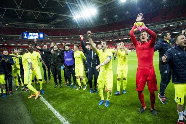 Gent s players celebrate after a game between British team Tottenham and Belgian soccer team KAA Gent, return leg of the 1 16 finals of the Europa League competition, in Wembley stadium, London, Thursday 23 February 2017. Gent won the first leg 1-0. JASPERxJACOBS  x05053665x