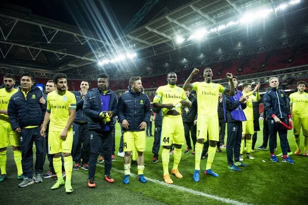 Gent s players celebrate after a game between British team Tottenham and Belgian soccer team KAA Gent, return leg of the 1 16 finals of the Europa League competition, in Wembley stadium, London, Thursday 23 February 2017. Gent won the first leg 1-0. JASPERxJACOBS  x05053661x