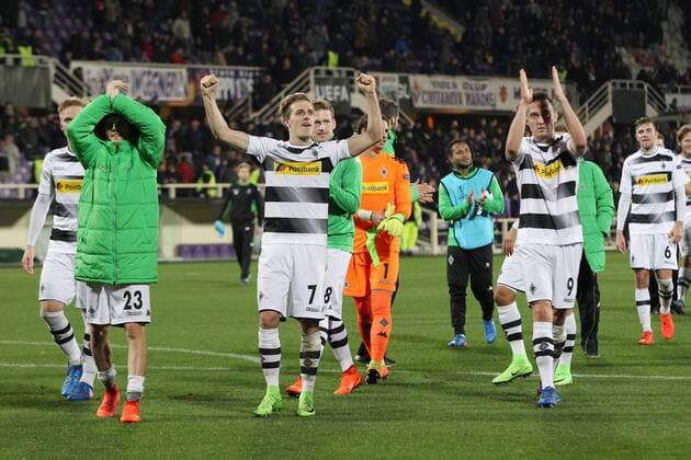 Celebration Borussia Monchengladbach under our supporters Firenze 23-02-2017 Stadio Artemio Franchi ACF Fiorentina vs. Borussia Monchengladbach Fiorentina - Borussia M gladbach Europa League 2016 2017 Round of 16 2nd leg lucaxpagliaricci