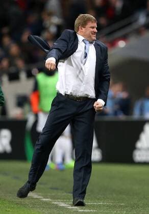 Gent s Hein Vanhaezebrouck celebrates his sides second goal during the Europa League Round of 32 Cup match at the Wembley Stadium, London. Picture date February 23rd, 2017 Pic David Klein Sportimage EDITORIAL USE ONLY. No use with unauthorised audio, video, data, fixture lists, club league logos or live services. Online in-match use limited to 120 images, no video emulation. No use in betting, games or single club league player publications.