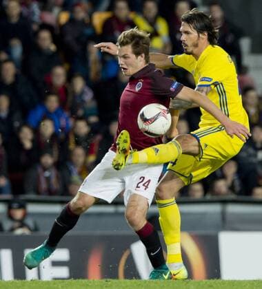 Sparta s Matej Pulkrab, left, and Cesar Navas of Rostov in action during the Europa League round of 32 play off soccer match between AC Sparta Praha and FK Rostov in Prague, Czech Republic, on Thursday, February 23, 2017. (CTKxPhoto VitxSimanek) CTKPhotoP201702231114201  VIS 004