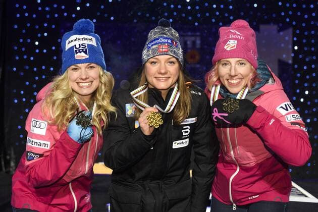 Ski Nordisch, WM in Lahti, Siegerehrung im Langlauf-Sprint Jessica Diggins, USA, Maiken Caspersen Falla,, Kikkan Randall, USA - Lahti, Finnland - Nordische Ski WM, Langlauf.  Copyright: CARLxSANDIN BB170224CS084