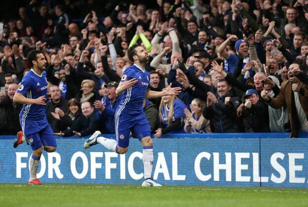 Chelsea s Cesc Fabregas celebrates scoring his sides opening goal during the Premier League match at the Stamford Bridge Stadium, London. Picture date February 25th, 2017 Pic David Klein Sportimage EDITORIAL USE ONLY. No use with unauthorised audio, video, data, fixture lists, club league logos or live services. Online in-match use limited to 120 images, no video emulation. No use in betting, games or single club league player publications.