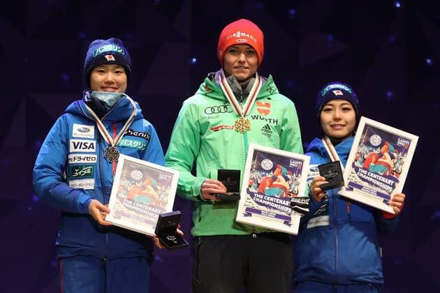 NORDIC SKIING - FIS WC Lahti 2017 LAHTI,FINLAND,25.FEB.17 - NORDIC SKIING, Ski jumping Skispringen Ski nordisch - FIS Nordic World Ski Championships, normal hill, ladies, award ceremony. Image shows Yuki Ito (JPN), Carina Vogt (GER) and Sara Takanashi (JPN). GEPAxpictures xDanielxGoetzhaber