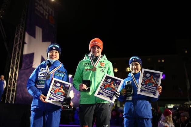 NORDIC SKIING - FIS WC Lahti 2017 LAHTI,FINLAND,25.FEB.17 - NORDIC SKIING, Ski jumping Skispringen Ski nordisch - FIS Nordic World Ski Championships, normal hill, ladies, award ceremony. Image shows Yuki Ito (JPN), Carina Vogt (GER) and Sara Takanashi (JPN). GEPAxpictures xDanielxGoetzhaber