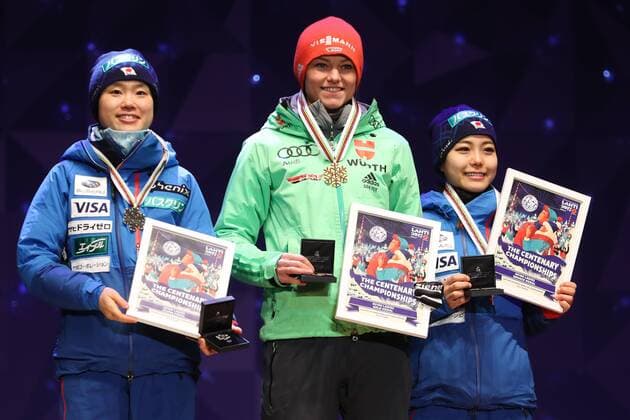 NORDIC SKIING - FIS WC Lahti 2017 LAHTI,FINLAND,25.FEB.17 - NORDIC SKIING, Ski jumping Skispringen Ski nordisch - FIS Nordic World Ski Championships, normal hill, ladies, award ceremony. Image shows the rejoicing of Yuki Ito (JPN), Carina Vogt (GER) and Sara Takanashi (JPN). Keywords: medal. GEPAxpictures xDanielxGoetzhaber