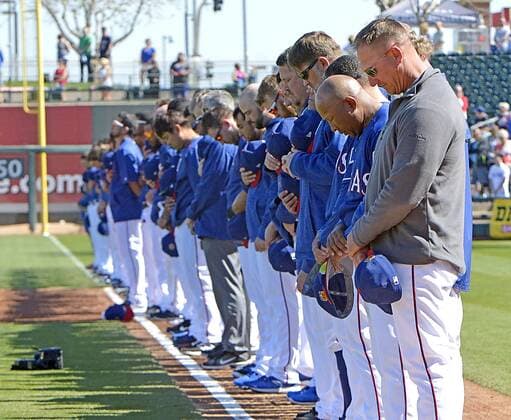February 25, 2017 - Surprise, AZ, USA - A moment of silence in honor of Kansas City Royals pitcher Yordano Ventura, who died during the off season in a car crash, as the Royals defeated the Texas Rangers, 7-5, in a spring training game in Surprise, Ariz., on Saturday, Feb. 25, 2017. Texas Rangers spring training - ZUMAm67_ 20170225_zaf_m67_077 Copyright: xMaxxFaulknerx