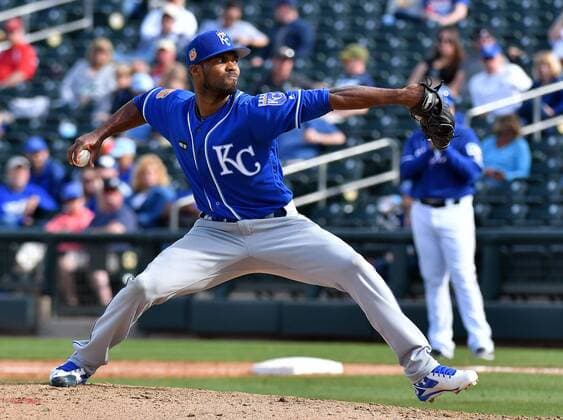 February 25, 2017 - Surprise, AZ, USA - Kansas City Royals pitcher Al Alburguerque throws during a spring training game against the Texas Rangers in Surprise, Ariz., on Saturday, Feb. 25, 2017. The Royals won, 7-5. Spring training: Kansas City at Texas - ZUMAm67_ 20170225_zaf_m67_101 Copyright: xJohnxSleezerx