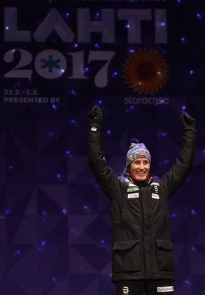 NORDIC SKIING - FIS WC Lahti 2017 LAHTI,FINLAND,25.FEB.17 - NORDIC SKIING, Ski jumping Skispringen Ski nordisch - FIS Nordic World Ski Championships, 7,5+7,5km Skiathlon, ladies, award ceremony. Image shows Marit Bjoergen (NOR). Keywords: medal. GEPAxpictures xDanielxGoetzhaber