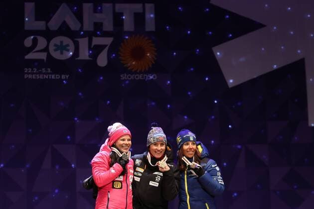 NORDIC SKIING - FIS WC Lahti 2017 LAHTI,FINLAND,25.FEB.17 - NORDIC SKIING, Ski jumping Skispringen Ski nordisch - FIS Nordic World Ski Championships, 7,5+7,5km Skiathlon, ladies, award ceremony. Image shows Krista Parmakoski (FIN), Marit Bjoergen (NOR) and Charlotte Kalla (SWE). Keywords: medal. GEPAxpictures xDanielxGoetzhaber