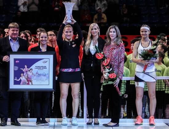 February 26, 2017 - Budapest, Hungary - The winner, Timea Babos (HUN) and the runner up Lucie Safarova (CZE) pose with the trophy with Monica Seles and Dr. Tunde SzaboÂ³ the under-secretary of Hungarian Sports during the award ceremony at the WTA Tennis Damen Hungarian Ladies Open 2017 at BOK Hall on February 26, 2017 in Budapest, Hungary. Hungarian Ladies Open  - ZUMAn230 20170226_zaa_n230_367 Copyright: xRobertxSzaniszlox