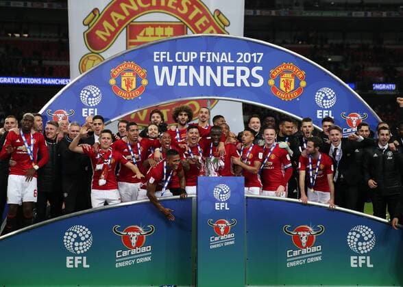 February 26th 2017, Wembley Stadium, London, England; EFL League Cup final, Southampton v Manchester United ManU Manchester United celebrating as they are crowned Champions of the 2017 EFL Cup on pitch xJohnxPatrickxFletcherx  ActionPlus11851120