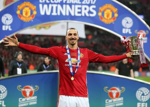 February 26th 2017, Wembley Stadium, London, England; EFL League Cup final, Southampton v Manchester United ManU Zlatan Ibrahimovic of Manchester United celebrates with the EFL Trophy xJohnxPatrickxFletcherx  ActionPlus11851128