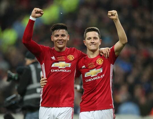 Marcos Rojo of Manchester United ManU and Ander Herrera of Manchester United celebrate the win during the English Football League Cup Final match at the Wembley Stadium, London. Picture date: February 26th, 2017.Pic credit should read: David Klein Sportimage EDITORIAL USE ONLY. No use with unauthorised audio, video, data, fixture lists, club league logos or live services. Online in-match use limited to 120 images, no video emulation. No use in betting, games or single club league player publications.