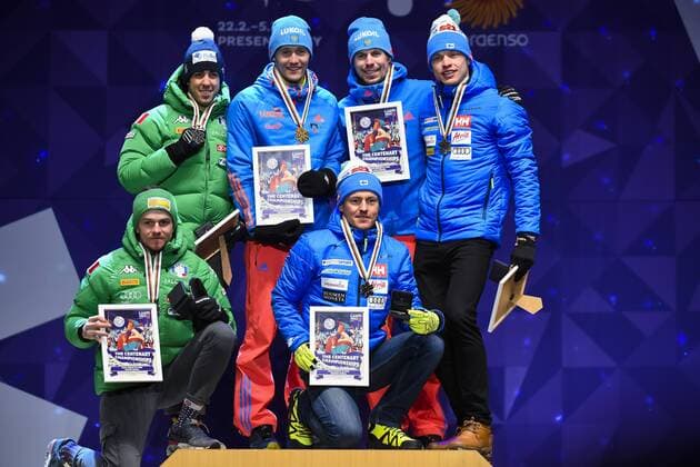 170226 Nikita Kriukov, (RUS) och Sergey Ustiugov, (RUS), Dietmar Noeckler och Federico Pellegrino, Italien, Sami Jauhojärvi och Iivo Niskanen, Finland, - Langlauf teamsprint Siegerehrung - Nordische SKI WM den 26 februari 2017 in Lahti.  Copyright: CARLxSANDIN BB170226CS128
