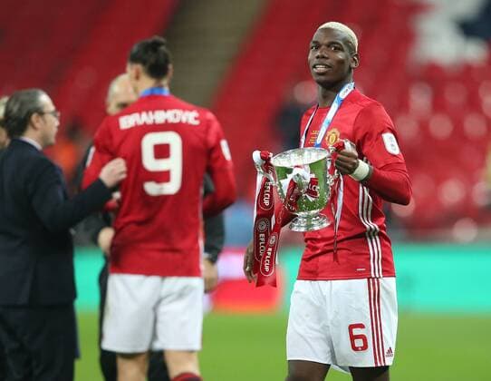 Paul Pogba of Manchester United ManU celebrates with the cup during the English Football League Cup Final match at the Wembley Stadium, London. Picture date: February 26th, 2017.Pic credit should read: David Klein Sportimage EDITORIAL USE ONLY. No use with unauthorised audio, video, data, fixture lists, club league logos or live services. Online in-match use limited to 120 images, no video emulation. No use in betting, games or single club league player publications.