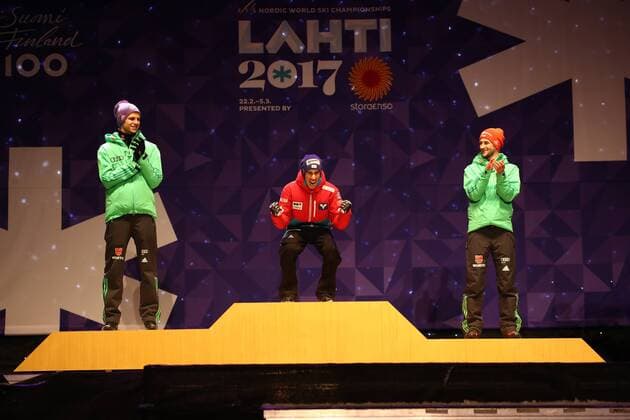 NORDIC SKIING - FIS WC Lahti 2017 LAHTI,FINLAND,26.FEB.17 - NORDIC SKIING, Ski jumping Skispringen Ski nordisch - FIS Nordic World Ski Championships, normal hill, men, award ceremony. Image shows Andreas Wellinger (GER), Stefan Kraft (AUT) and Markus Eisenbichler (GER). GEPAxpictures xCh.xKelemen