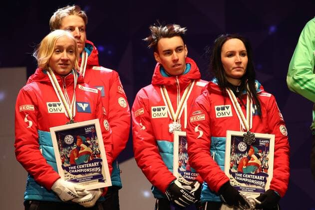 NORDIC SKIING - FIS WC Lahti 2017 LAHTI,FINLAND,26.FEB.17 - NORDIC SKIING, Ski jumping Skispringen Ski nordisch - FIS Nordic World Ski Championships, normal hill, mixed team competition, award ceremony. Image shows Daniela Iraschko-Stolz, Michael Hayboeck, Stefan Kraft and Jacqueline Seifriedsberger (AUT). GEPAxpictures xCh.xKelemen