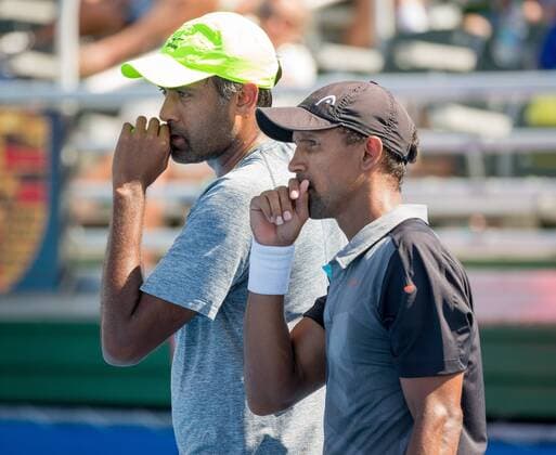 February 26, 2017: Rajeev Ram, of the United States, left, and Raven Klaasen, of South Africa, right, interact during the doubles final of the 2017 Delray Beach Open professional tennis tournament, played at the Delray Beach Stadium & Tennis Center in Delray Beach, Florida, USA. Rajeev Ram and Raven Klaasen defeated Treat Huey and Max Mirnyi 7-5, 7-5. CSM. Tennis 2017: ATP Tennis Herren Delray Beach Open FEB 26 - ZUMAc04_ 20170226_zaf_c04_057 Copyright: xMarioxHoubenx