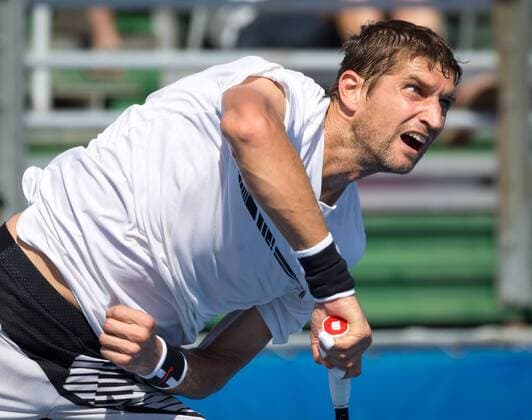 February 26, 2017: Max Mirnyi, from Belarus, serves during the doubles final match at the 2017 Delray Beach Open professional tennis tournament, played at the Delray Beach Stadium & Tennis Center in Delray Beach, Florida, USA. Rajeev Ram and Raven Klaasen defeated Treat Huey and Max Mirnyi 7-5, 7-5. CSM. Tennis 2017: ATP Tennis Herren Delray Beach Open FEB 26 - ZUMAc04_ 20170226_zaf_c04_060 Copyright: xMarioxHoubenx
